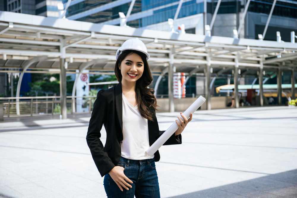 Portrait of young architect holding blueprint standing against building in city